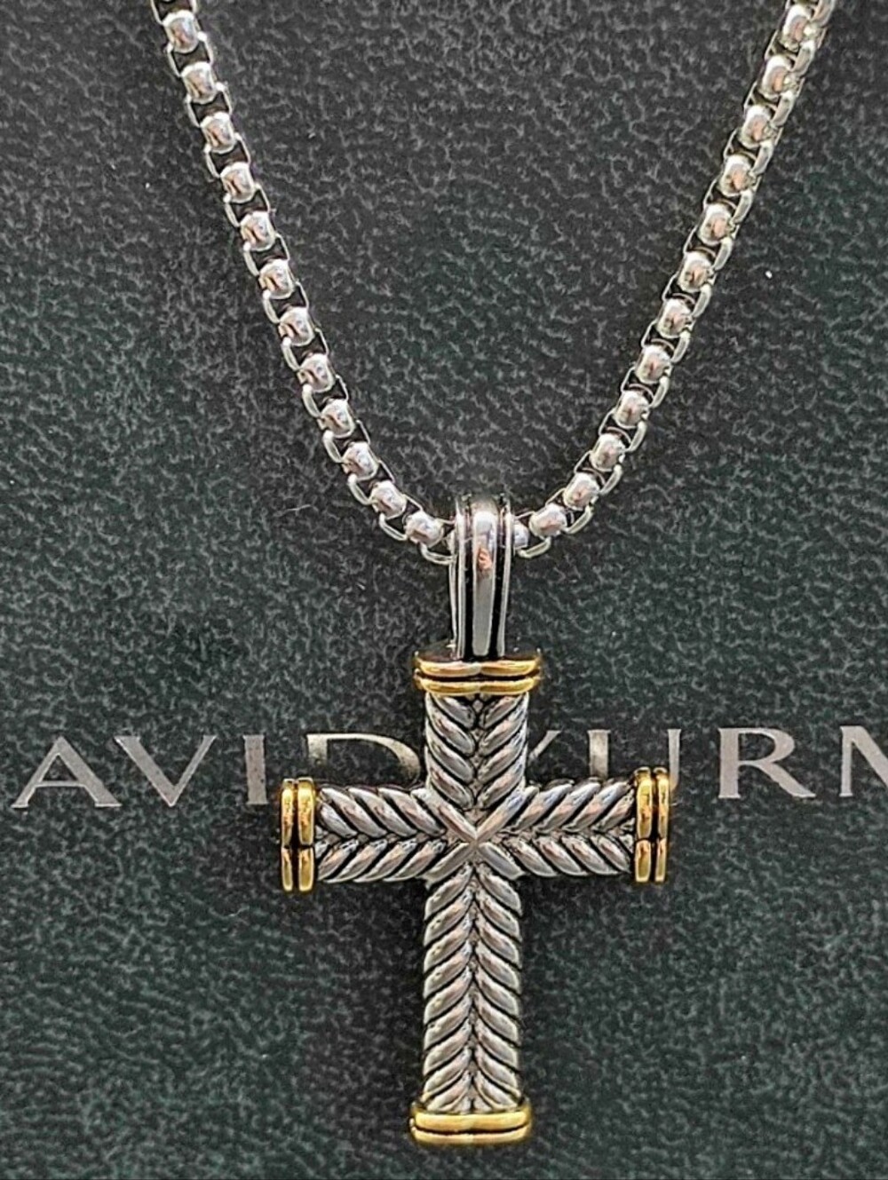 David Yurman 925 Sterling Silver 18K Gold Chevron Cable Cross Pendant Necklace